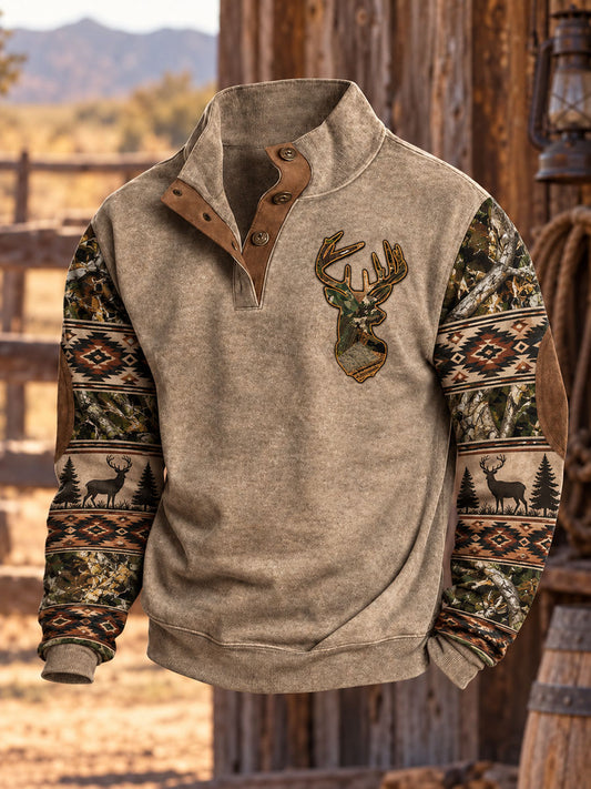 Men's Western Pattern Print Four-button Hoodie