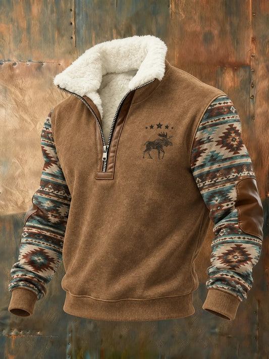 Men's Retro Western Printed Plush Stand Collar Shirt