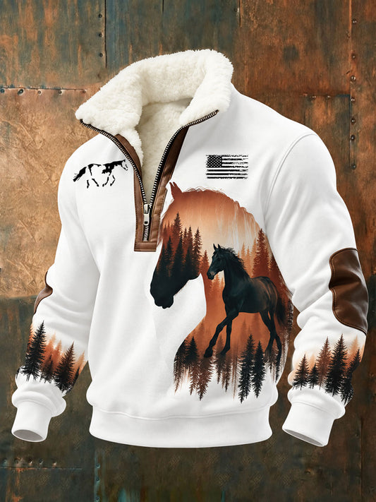 Men's Retro Western Horse Print Plush Stand Collar Shirt