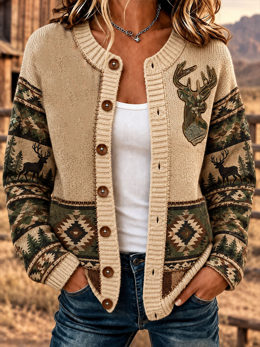Women's Western Pattern Print Cardigan-Style Knit Jacket