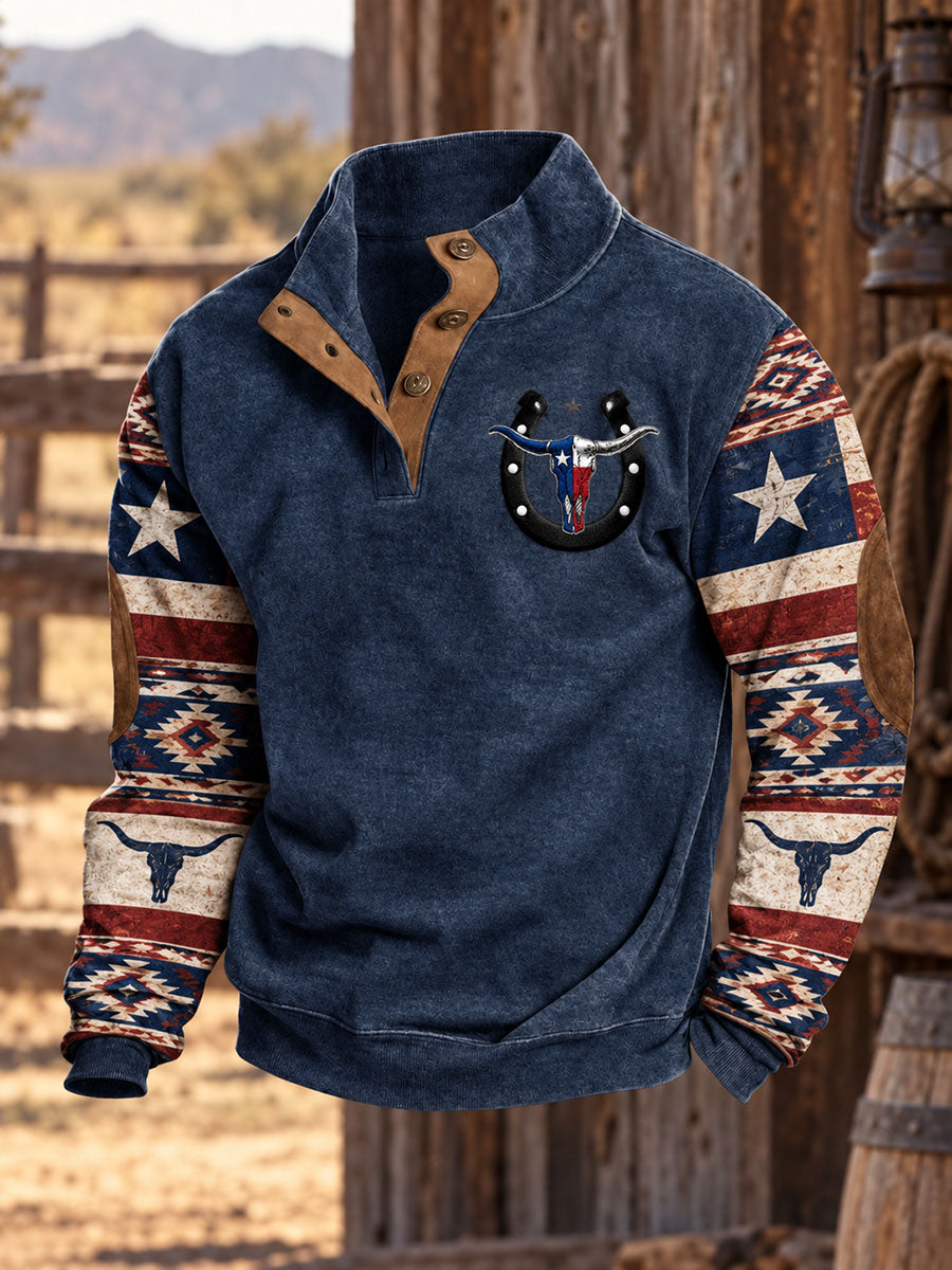 Men's Western Pattern Print Four-button Hoodie