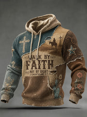 Men's Retro Western Faith Inspired Print Checkered Cotton Hoodie