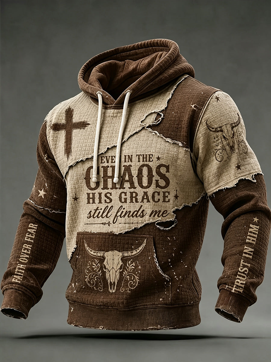 Men's Retro Western Faith Inspired Print Checkered Cotton Hoodie