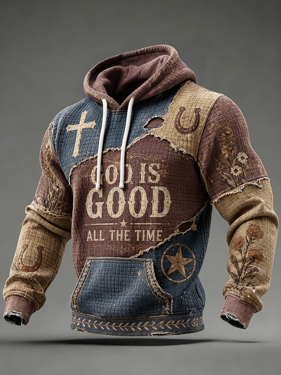 Men's Retro Western Faith Inspired Print Checkered Cotton Hoodie