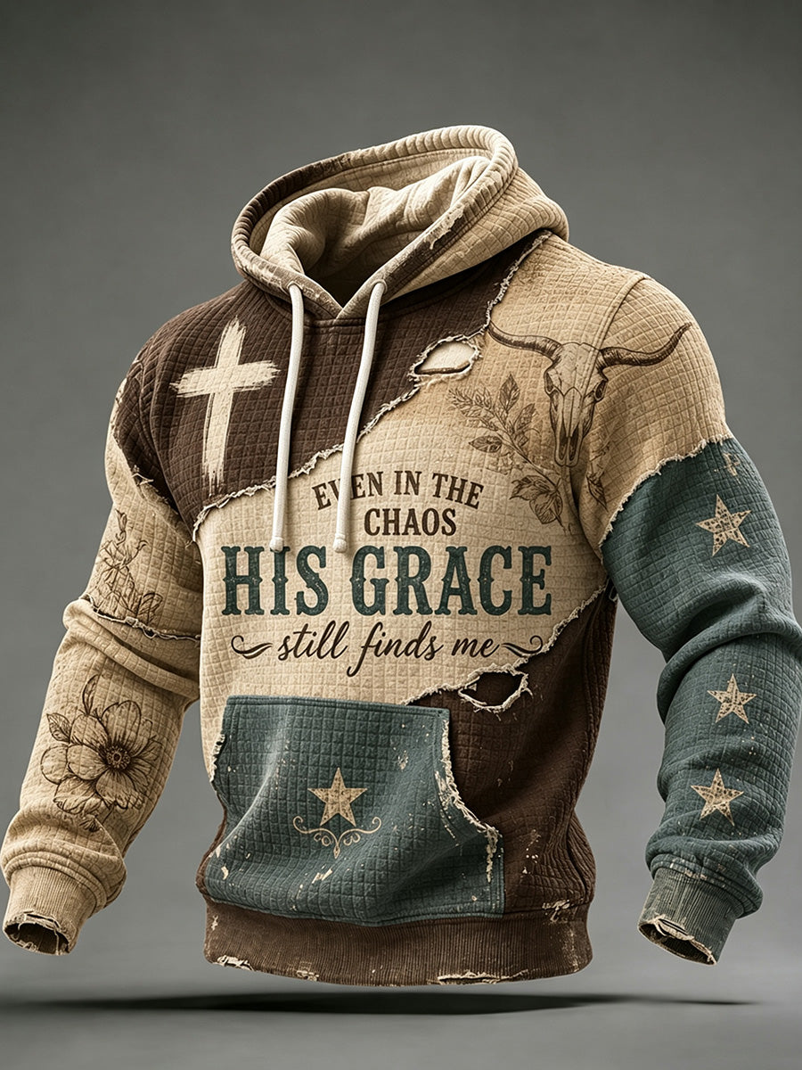 Men's Retro Western Faith Inspired Print Checkered Cotton Hoodie
