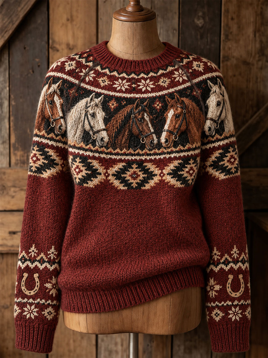 Women's Western Horse Print Crew Neck Sweater