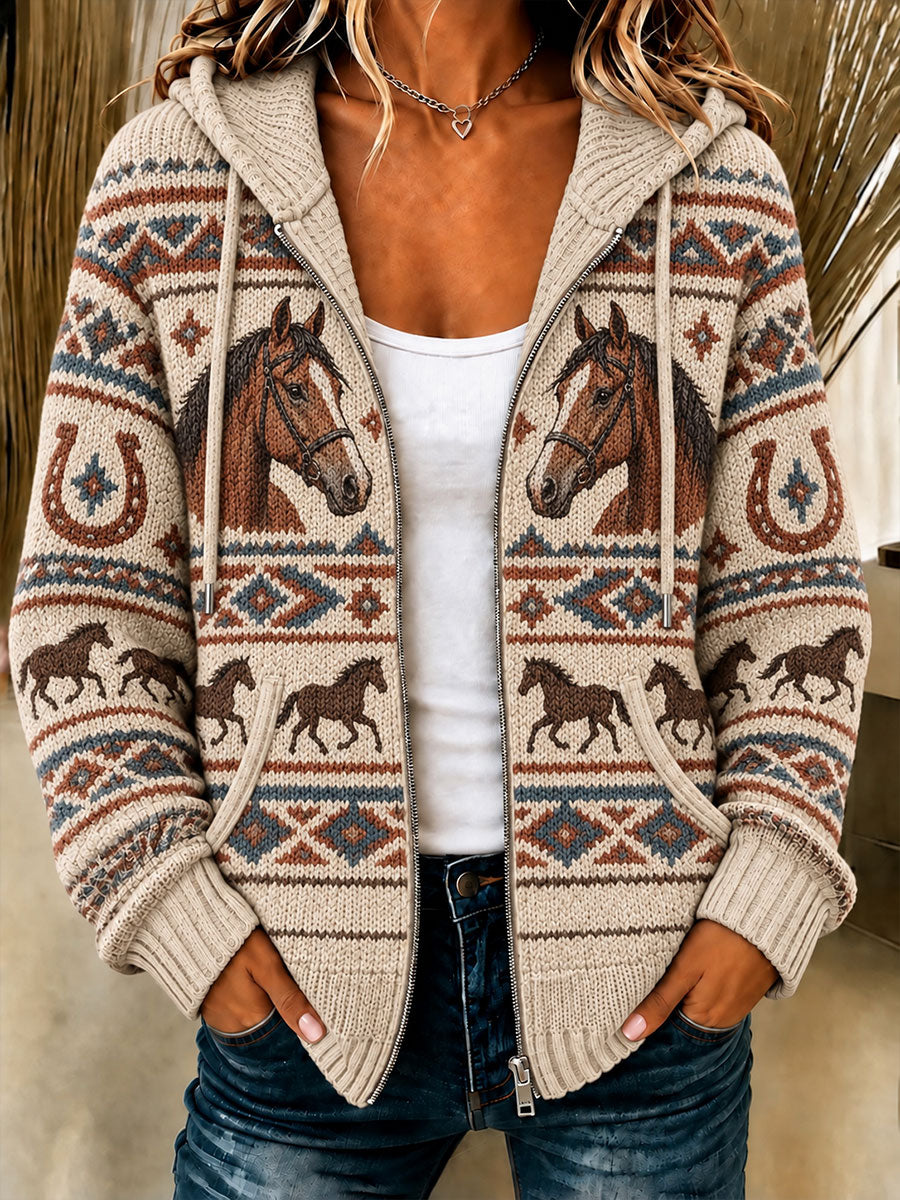 Women's  Western Horse Print Knitted Coat