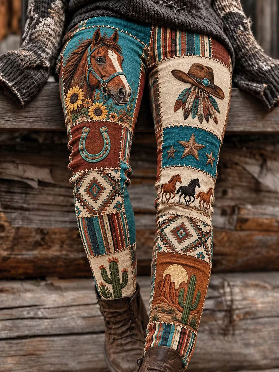 Women's Western Horse Print Velvet Leggings