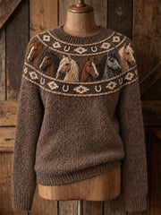 Women's Western Horse Print Crew Neck Sweater