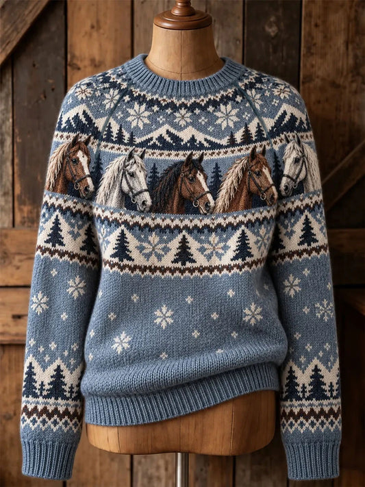 Women's Winter Western Horse Print Crew Neck Sweater