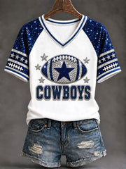 Women's Cowboys V-Neck Off-Shoulder Short-Sleeved T-shirt