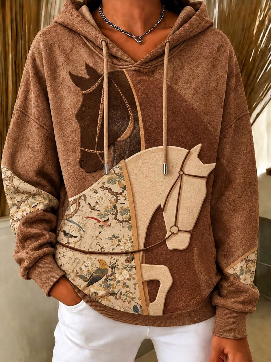 Women's Retro Horse Print Drawstring Hoodie
