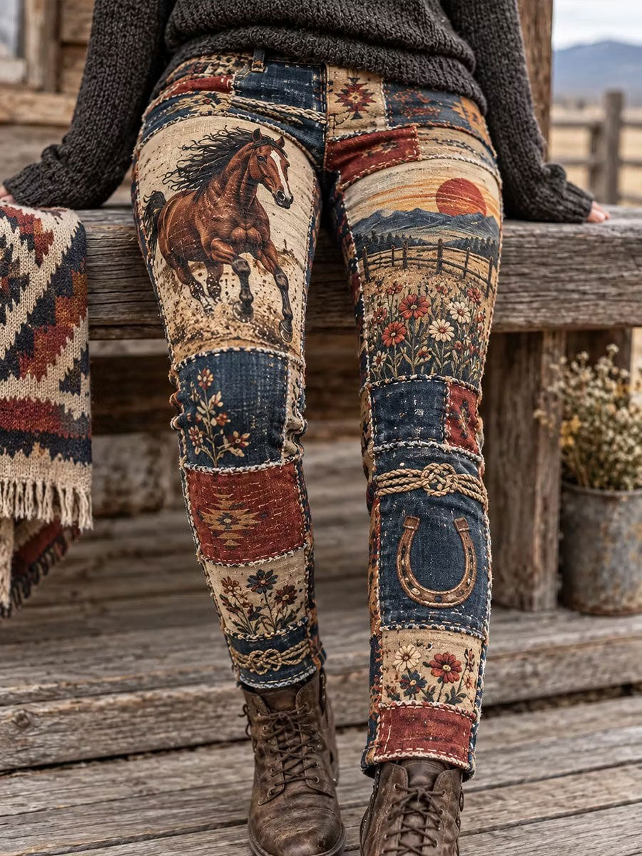 Women's Western Horse Print Velvet Leggings
