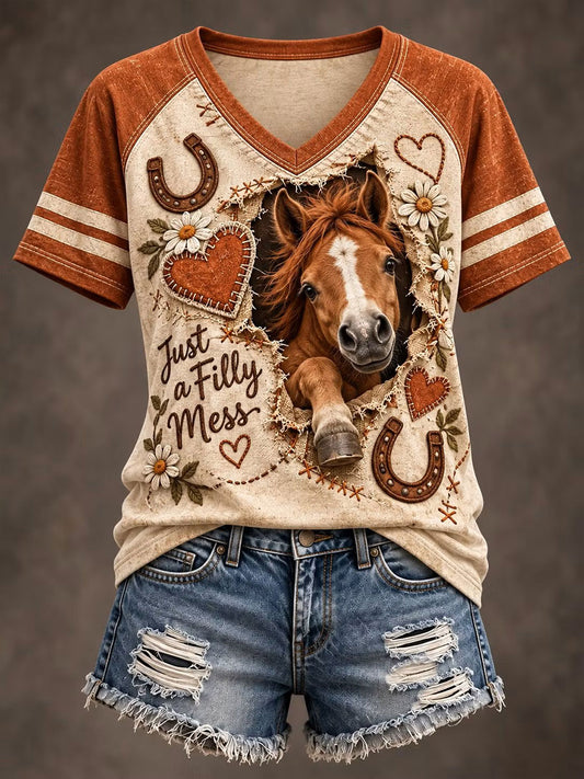 Women's Western Horse Print V-neck  T-shirt