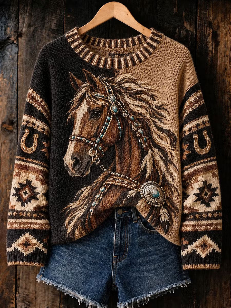Women'sWestern Horse Print Crew Neck Sweater
