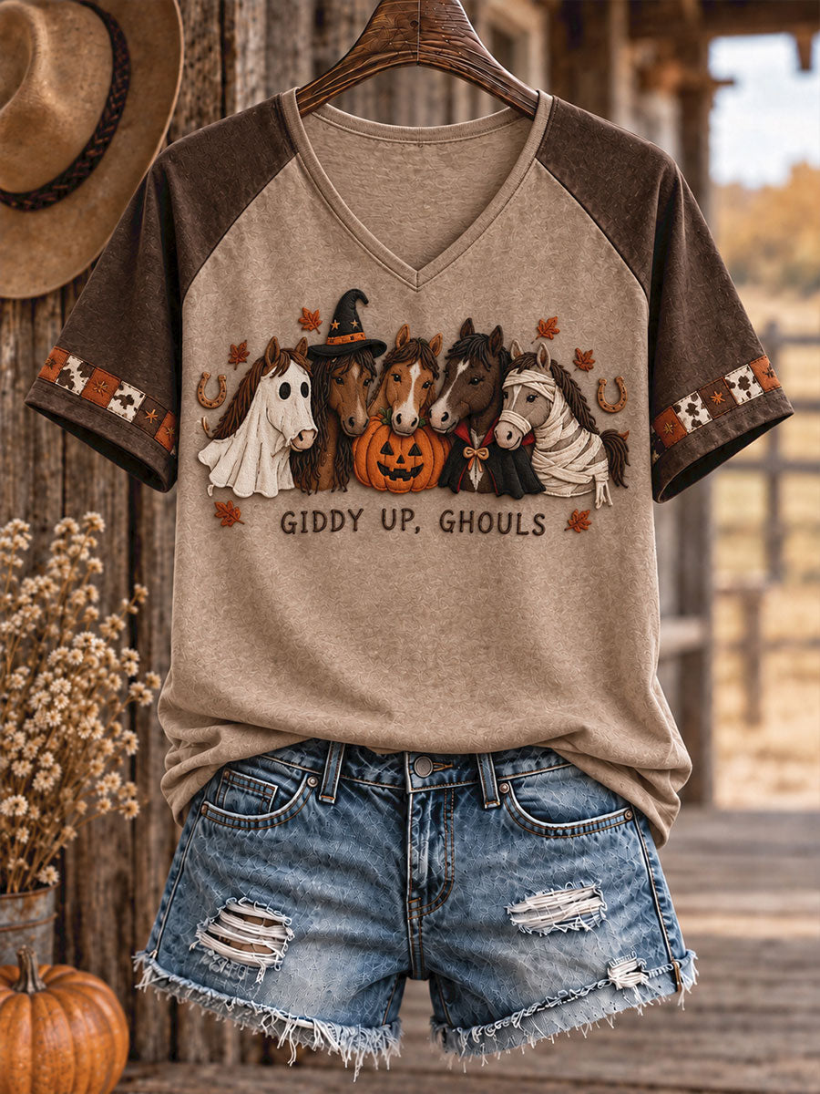 Women's Western Halloween Horses Art Printed T-shirt