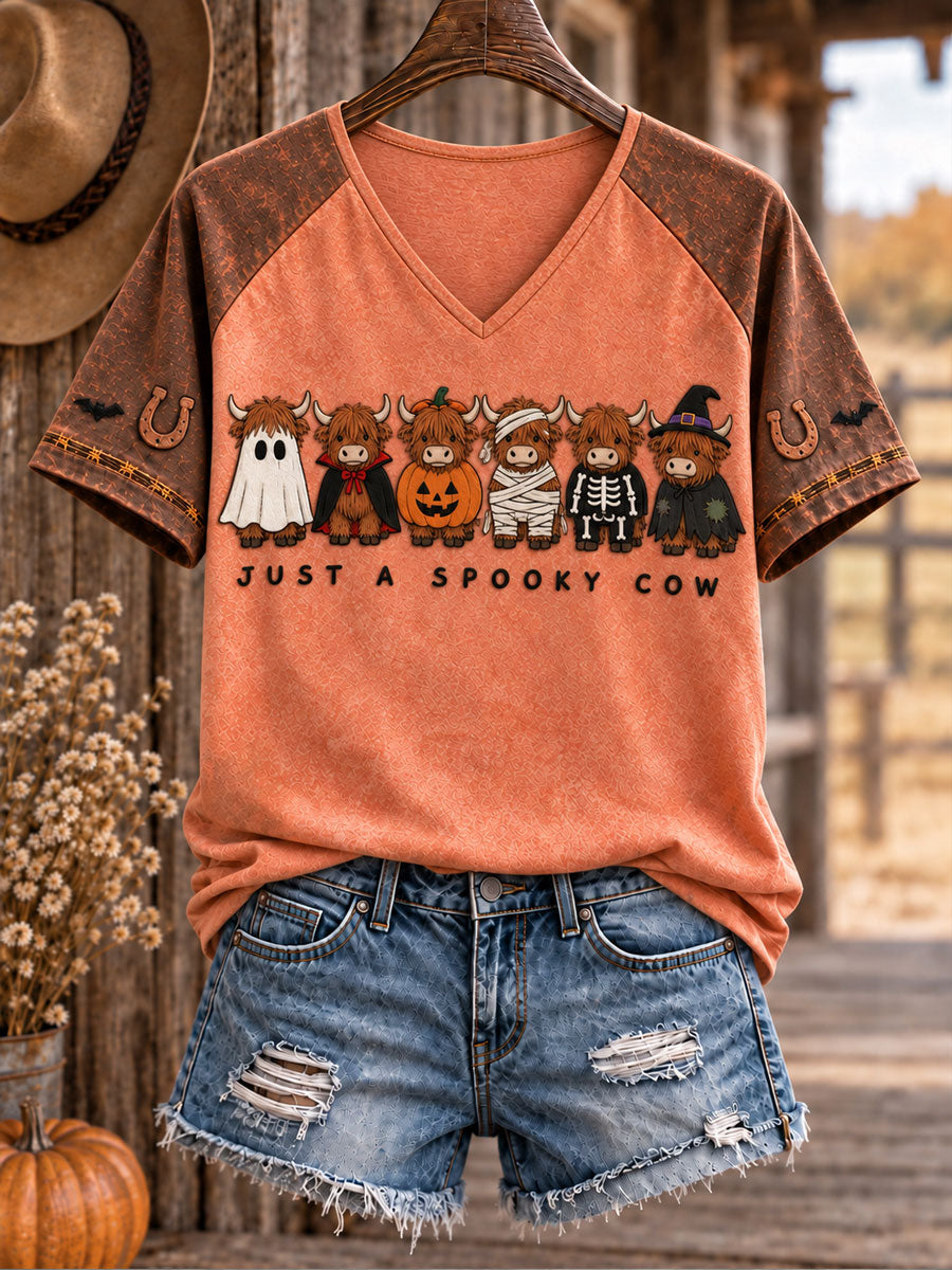 Women's Western Halloween Cows Art Printed T-shirt