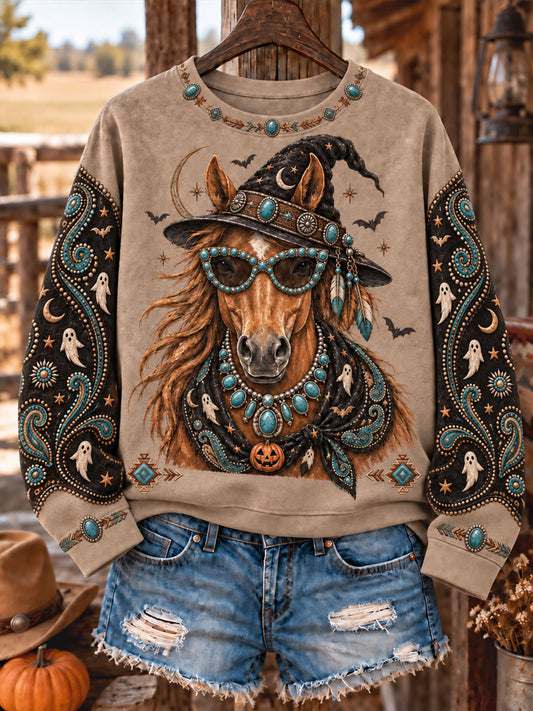 Women's Western Halloween Horses Art Printed Sweatshirt
