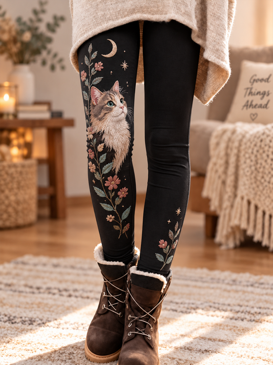 Women's Fall/Winter Cat Art Printed Velvet Leggings