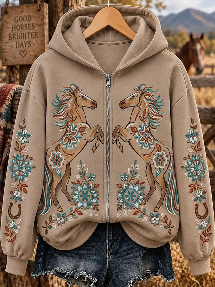 Women's Western Horse Art Zip-Up Hoodie