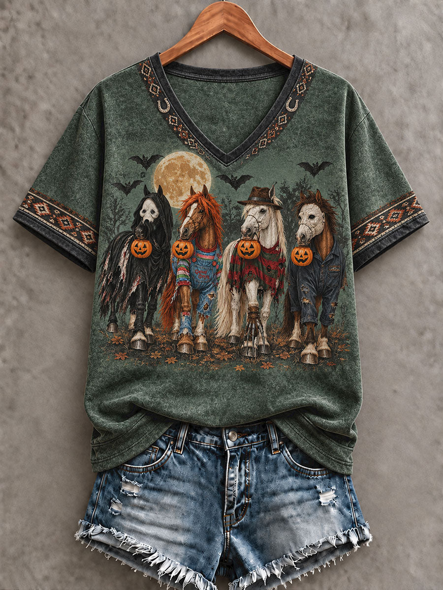 Women's Western Halloween Horses Art Printed T-shirt