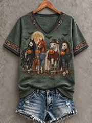 Women's Western Halloween Horses Art Printed T-shirt