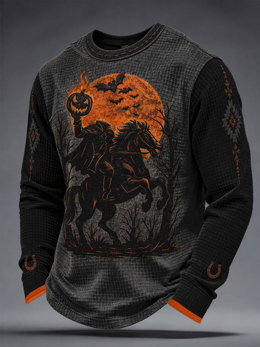 Men's Western Halloween Horses Art Printed Waffle Sweatshirt