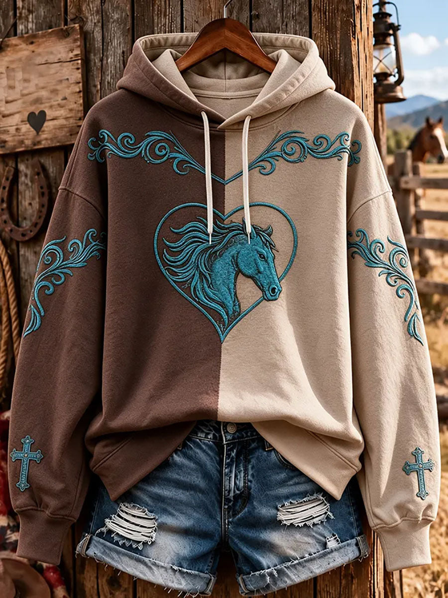 Women's Western Horse Art Drawstring Hoodie