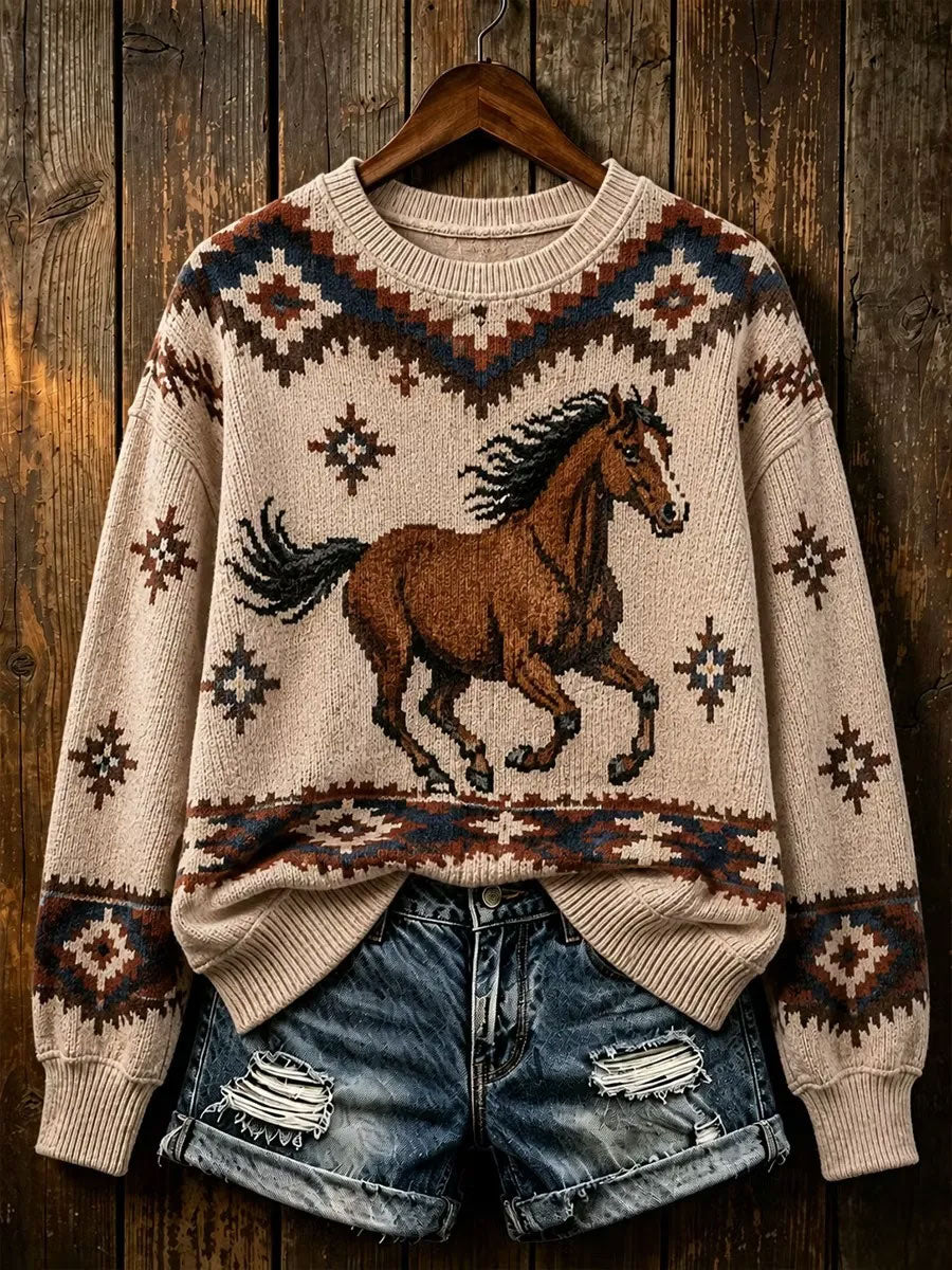 Women's Western Horse Art Crew Neck Sweater