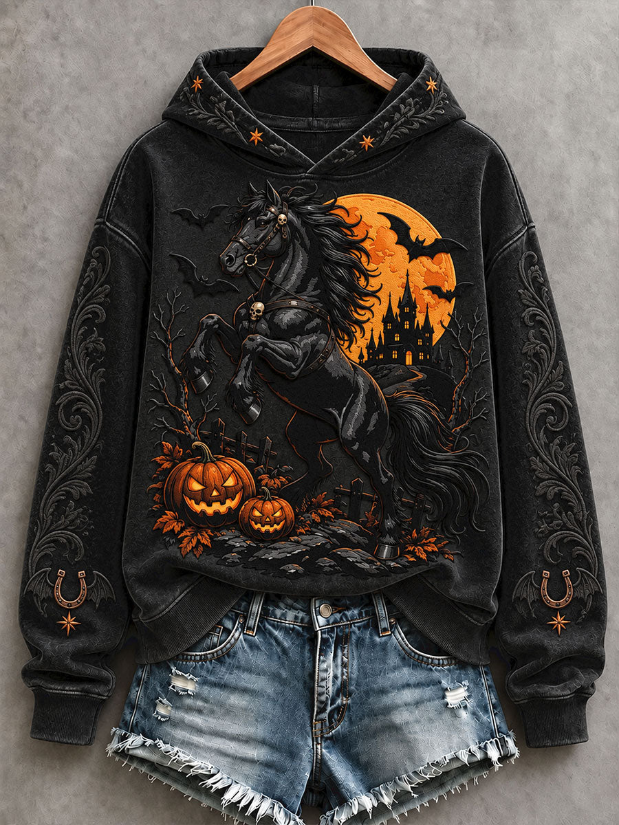 Women's Western Halloween Horses Art Printed Hooide