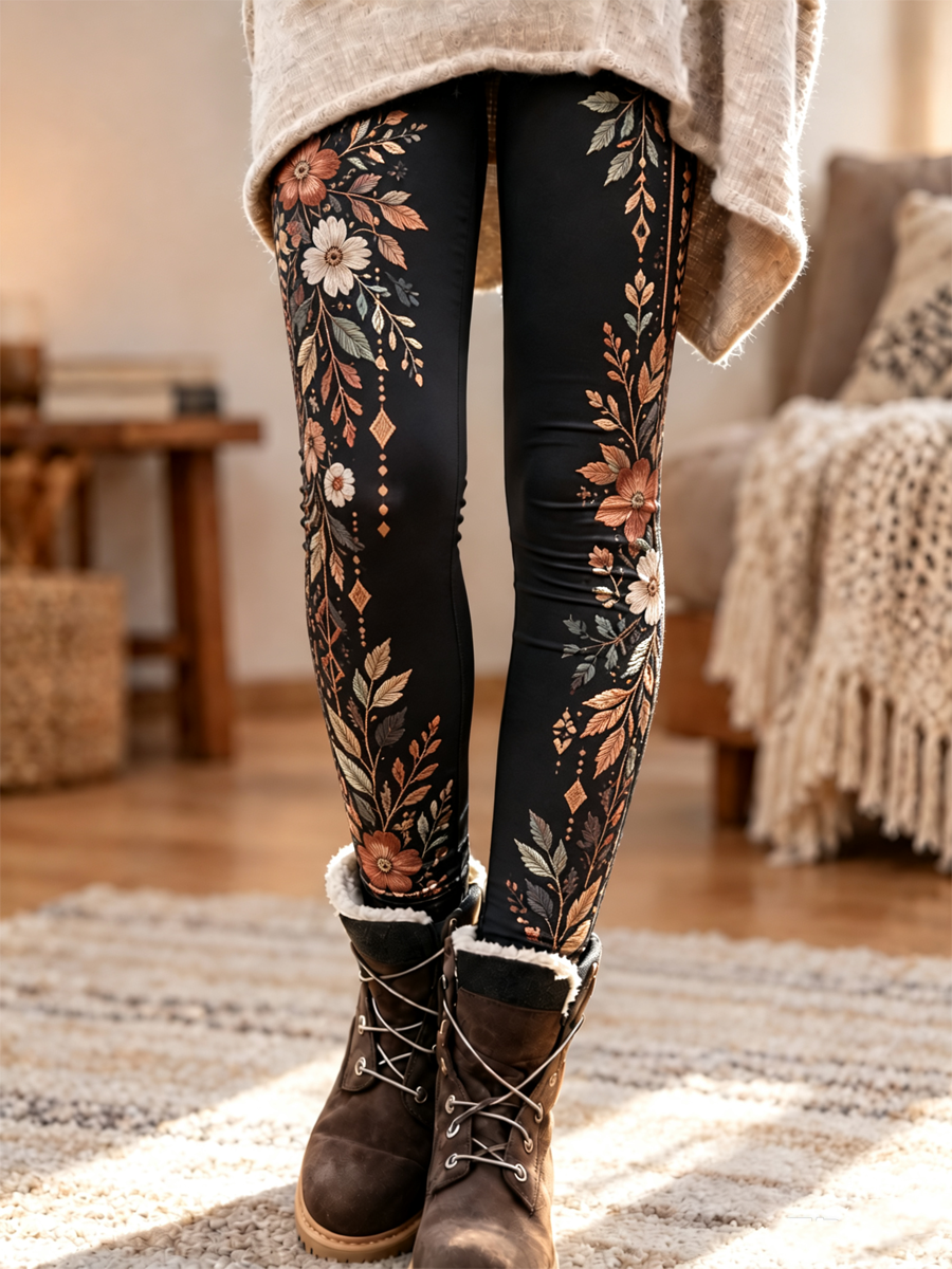 Women's Fall/Winter Floral Art Printed Velvet Leggings