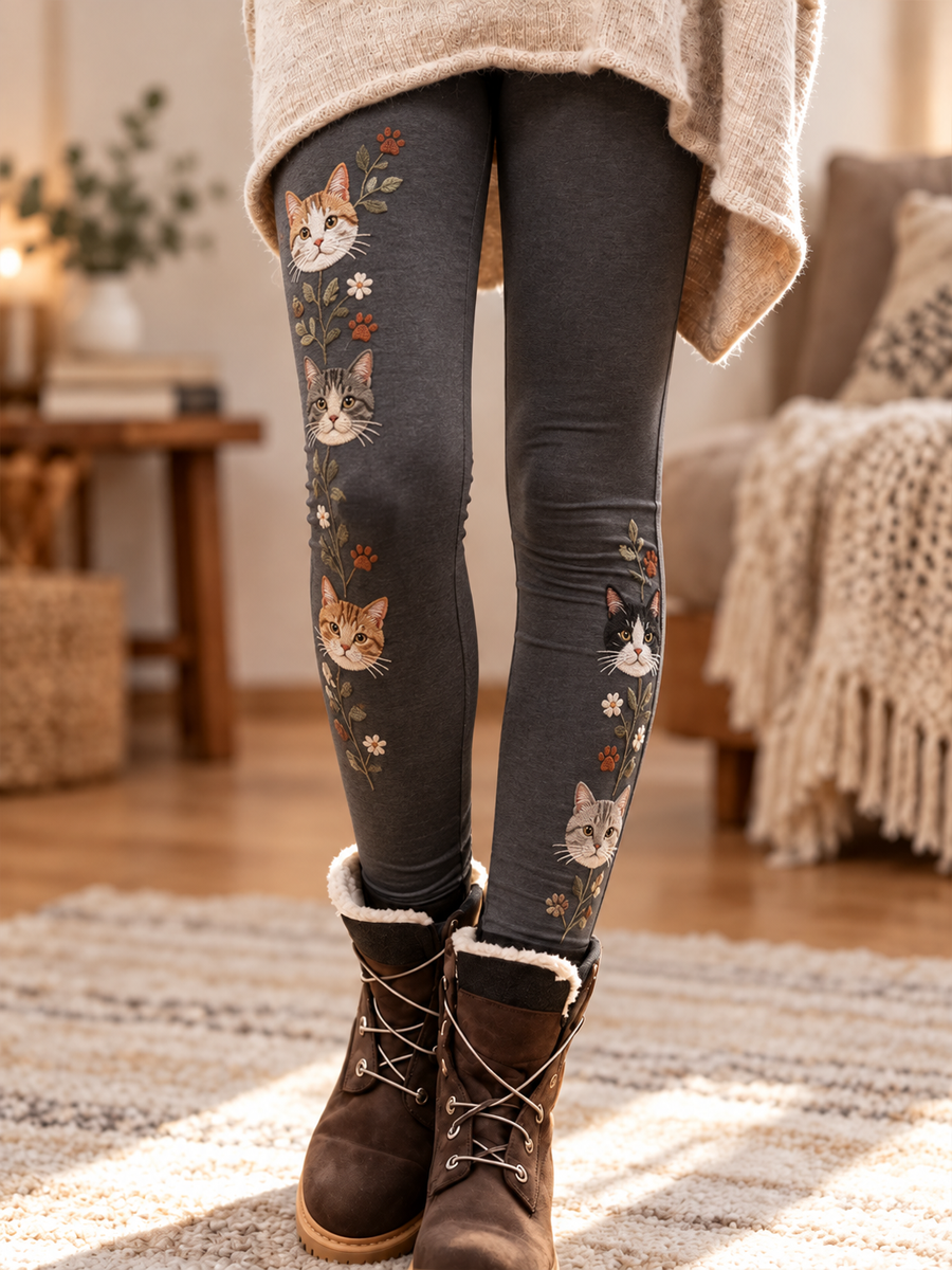 Women's Fall/Winter Cat Printed Velvet Leggings