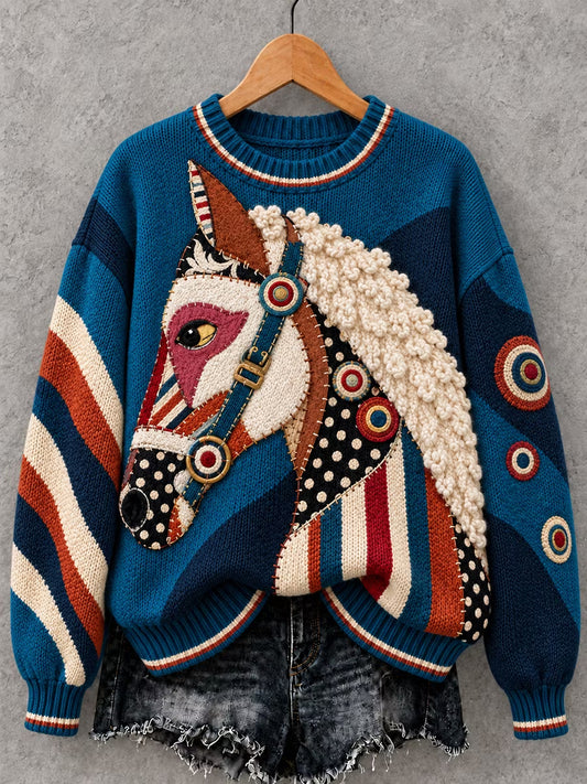 Women's Vintage Horse Art Print Crew Neck Sweater