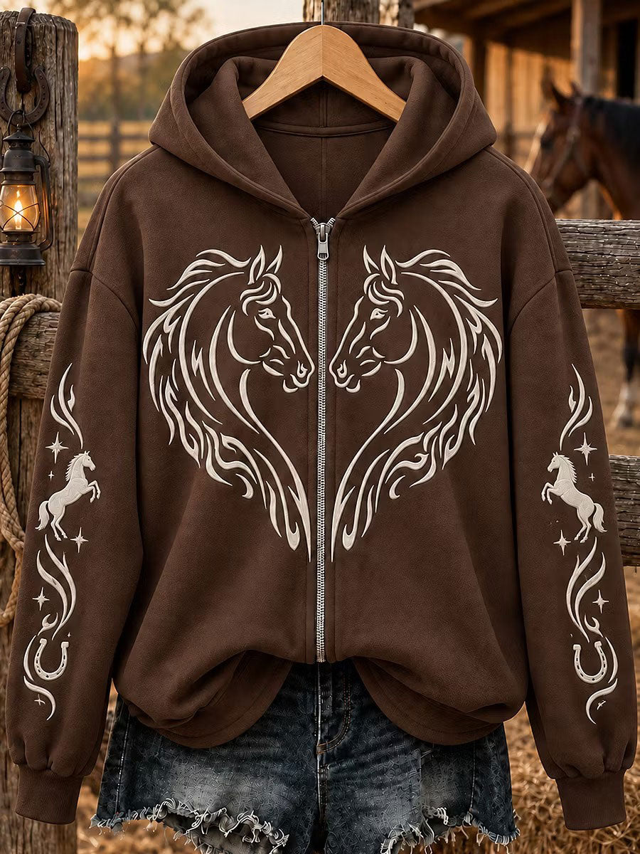 Women's Simple Line Drawing Horse Print Zip-Up Hoodie