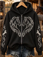 Women's Simple Line Drawing Horse Print Zip-Up Hoodie