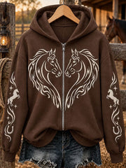 Women's Simple Line Drawing Horse Print Zip-Up Hoodie