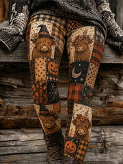 Women's Halloween Highland Cow Pumpkin Spider Web Leggings