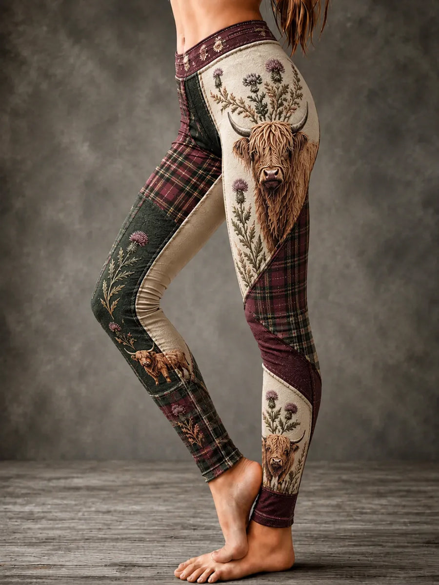 Women's Plaid Highland Cow Print  Leggings
