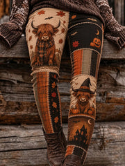 Women's Halloween Highland Cow Pumpkin Spider Web Leggings