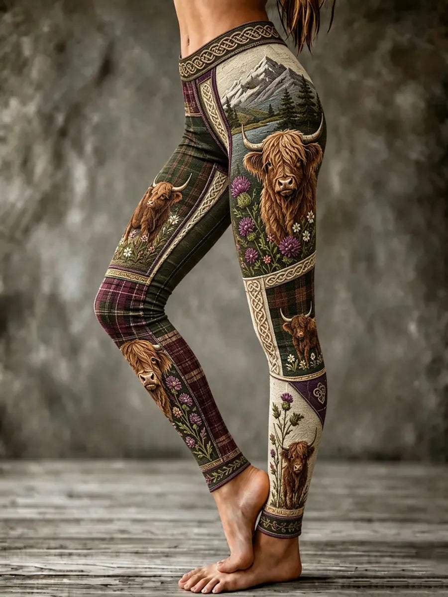 Women's Plaid Highland Cow Print  Leggings