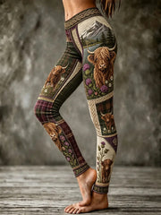 Women's Plaid Highland Cow Print  Leggings