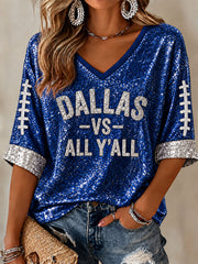 Women's Football Game Day Mid-length Sleeves V-Neck T-Shirt