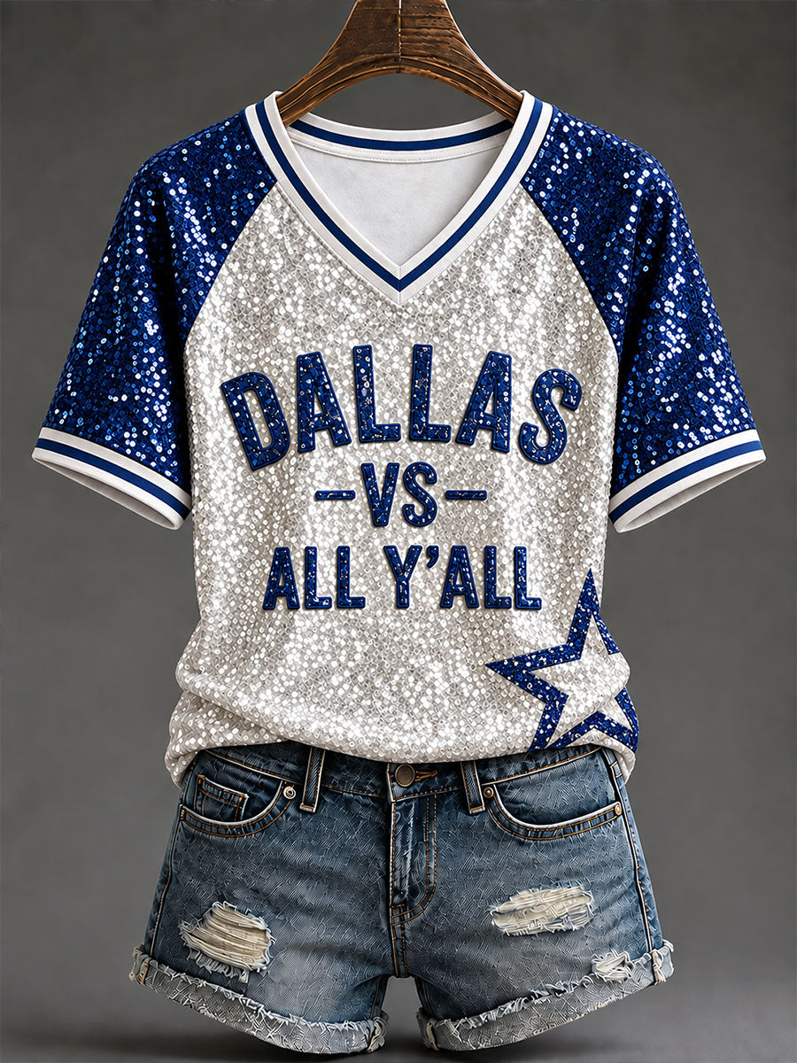 Women's Football Game Day V-neck off-shoulder short-sleeved T-shirt