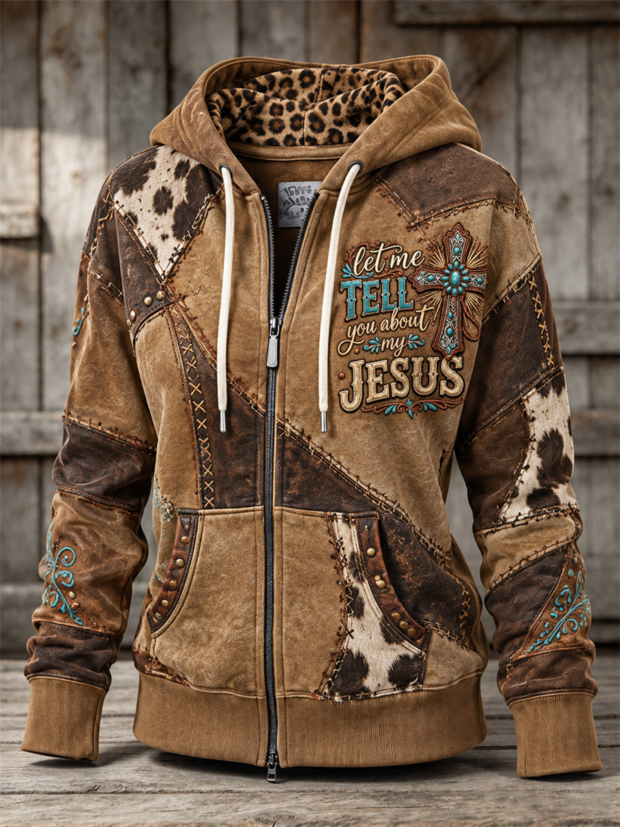 Women's Vintage Western Christian Lyrics Cross Patchwork Print Full Zip Hoodie
