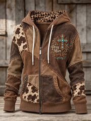 Women's Pray More Worry Less Western Christian Cross Patchwork Print Full Zip Hoodie