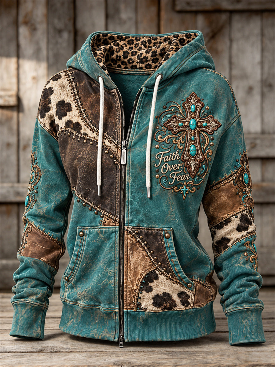 Women's Faith Over Fear Western Turquoise Cross Patchwork Print Full Zip Hoodie