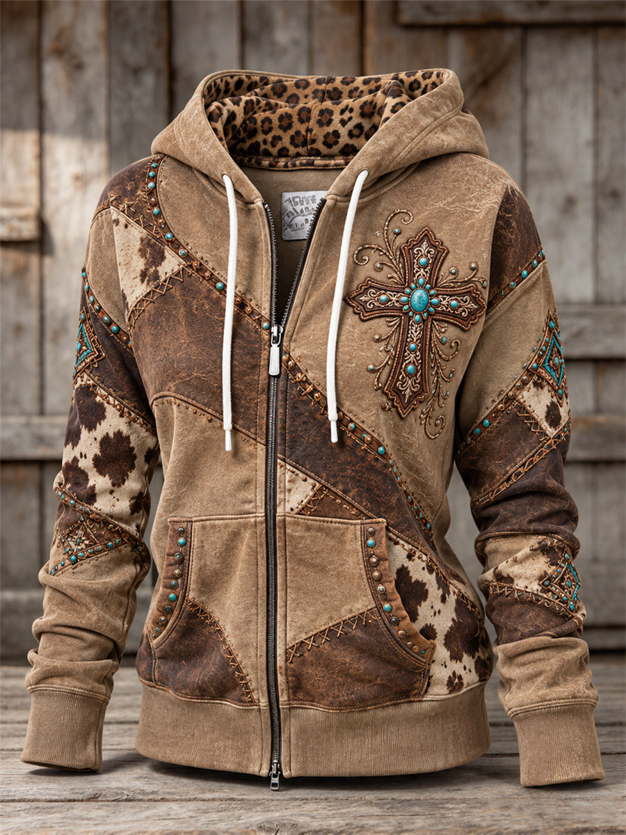 Women's Vintage Western Turquoise Christian Cross Patchwork Print Full Zip Hoodie