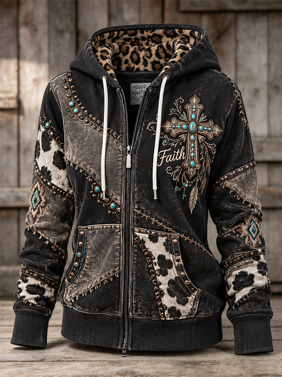 Women's Faith Western Turquoise Christian Cross Cowhide Patchwork Print Full Zip Hoodie