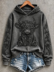 Women's Highland Cow Art Print Casual Hoodie