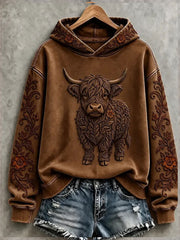 Women's Highland Cow Art Print Casual Hoodie